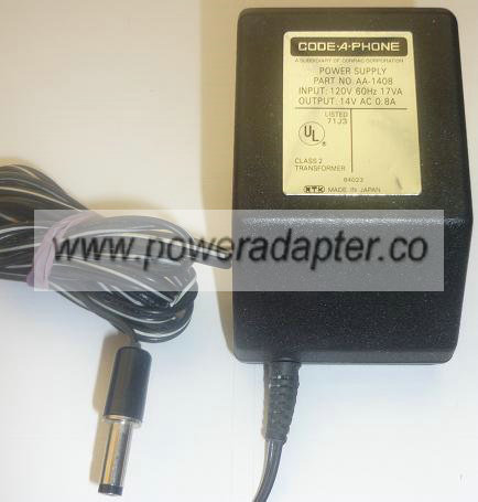 Code-A-pHONE AA-1408 AC ADAPTER 14VAC 0.8A used ~(~) 2x5mm TELEC