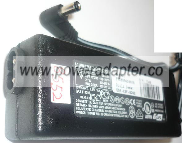 DVE EOS ZVC65SG24S18 AC ADAPTER 24VDC 2.7A USED -(+) 2.5x5.5mm P