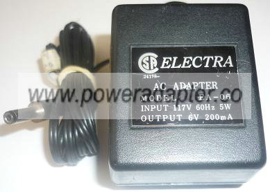 Electra EA-06 AC ADAPTER 6VDC 200mA used -(+) 2x5x14.3mm round b