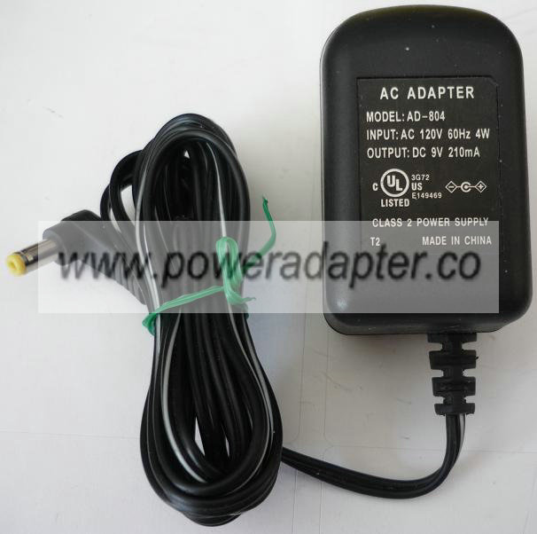 AD-804 AC ADAPTER 9VDC 210mA USED -(+) 1.7x4.7mm ROUND BARREL 9