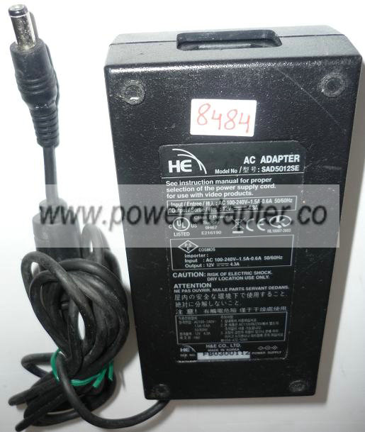 HE SAD5012SE AC ADAPTER 12VDC 4.3A USED -(+) 2x5.5x11.2mm ROUND