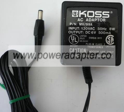 KOSS AD-0650 AC ADAPTER 6VDC 500mA USED +(-) 2x5.5mm ROUND BARRE