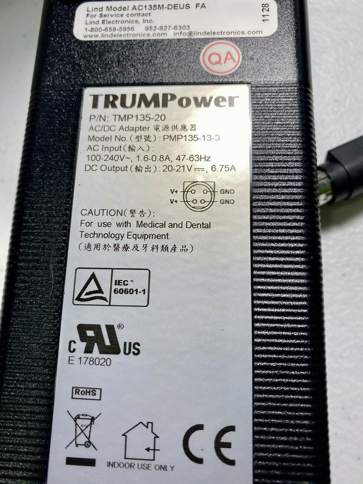 LIND 135 W 20 V Adapter for Dell Latitude Laptop Medical Grade AC135M-DEUS Country/Region of Manufacture: Taiwan Compa