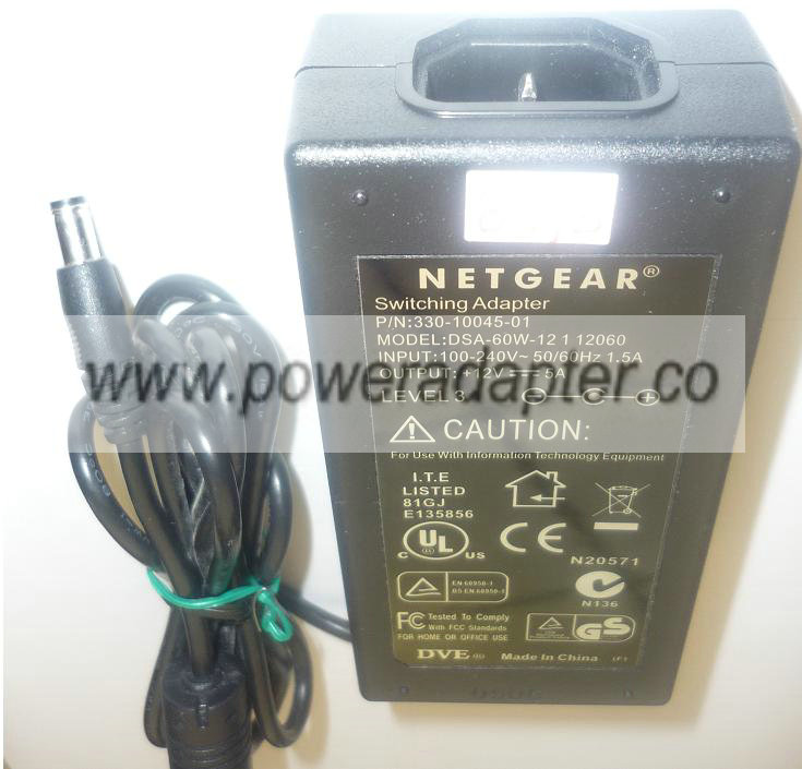 NETGEAR DSA-60W-12 1 12060 AC ADAPTER +12VDC 5A USED -(+) 2.1x5.