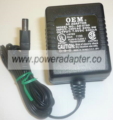 OEM AD-0760 AC ADAPTER 7.5VDC 600mA used -(+) 2x5.5x9.6mm round