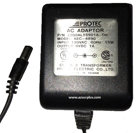 PROTEC AEC-4890 AC ADAPTER 9VDC 1A USED 2.5x5.5x11.4mm -(+)- Rou