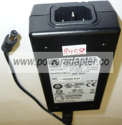 UMEC UP0351E-12P AC ADAPTER +12VDC 3A 36W USED -(+) 2.5x5.5mm RO