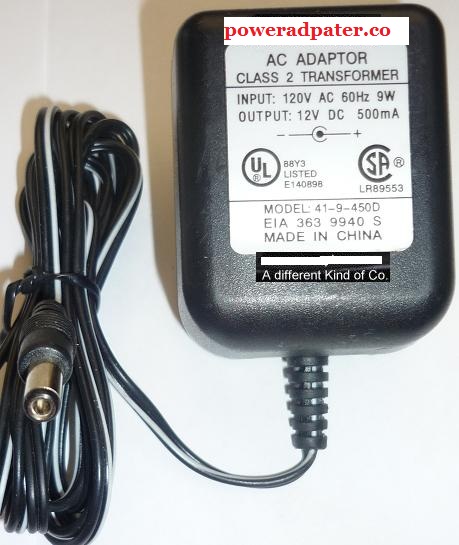 41-9-450D AC ADAPTER 12VDC 500mA 0.5A USED -(+) 2x5.5x10mm ROUND BARREL CLASS 2 TRANSFORMER POWER SUPPLY