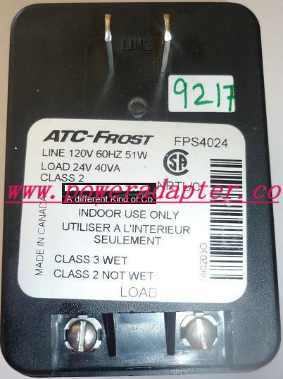 ATC-FROST FPS4024 AC ADAPTER 24V 40VA USED 120V 60Hz 51W CLASS 2