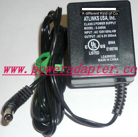 ATLINKS 5-2495A AC ADAPTER 6VDC 300mA USED -( ) 2.5x5.5x12mm ROU