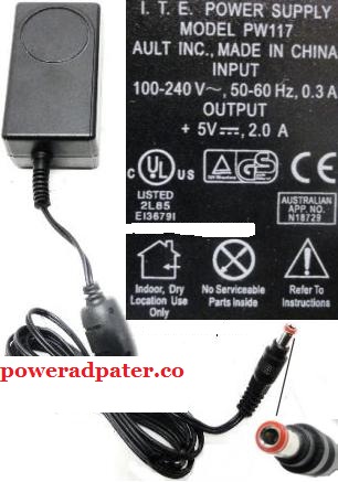 AULT PW117 RA0503F01 AC ADAPTER 5VDC 2A 2.5x5.5x10mm I.T.E. POWER