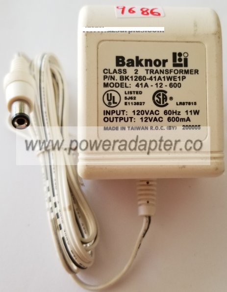 BAKNOR 41A-12-600 AC ADAPTER 12VAC 600mA USED 2x5.5x9mm ROUND