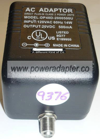 DP48D-2000500U AC ADAPTER 20VDC 500mA USED -(+) CLASS 2 POWER