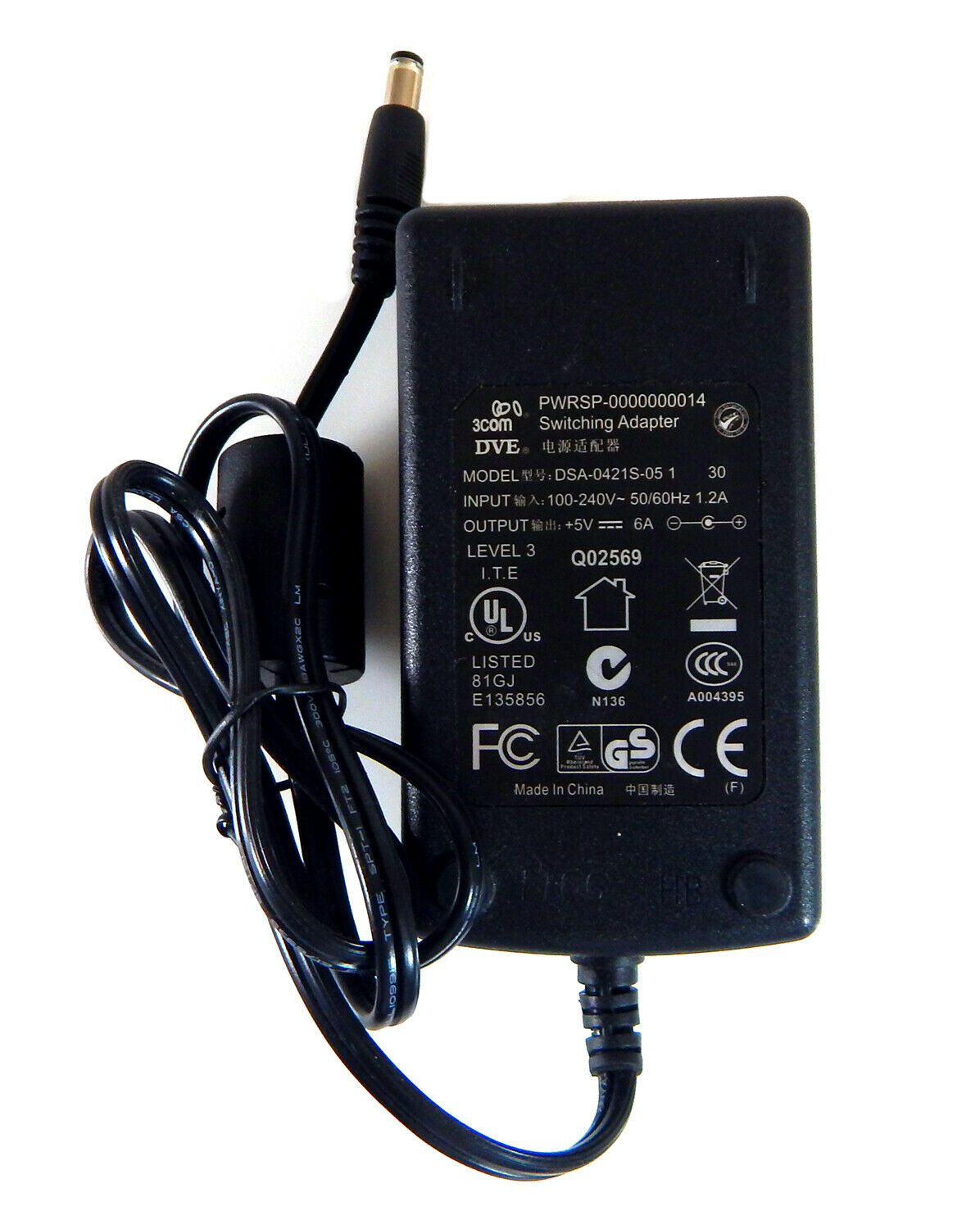 DVE 3COM 5VDC 6A Switching AC Adapter New DSA-0421S-05 PWRSP-000014 MPN: DSA-0421S-05 Brand: 3Com UPC: 64581414679