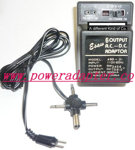 ESAW 450-31 AC ADAPTER 3,4.5,6,7.5,9-12VDC 300mA USED SWITCHING