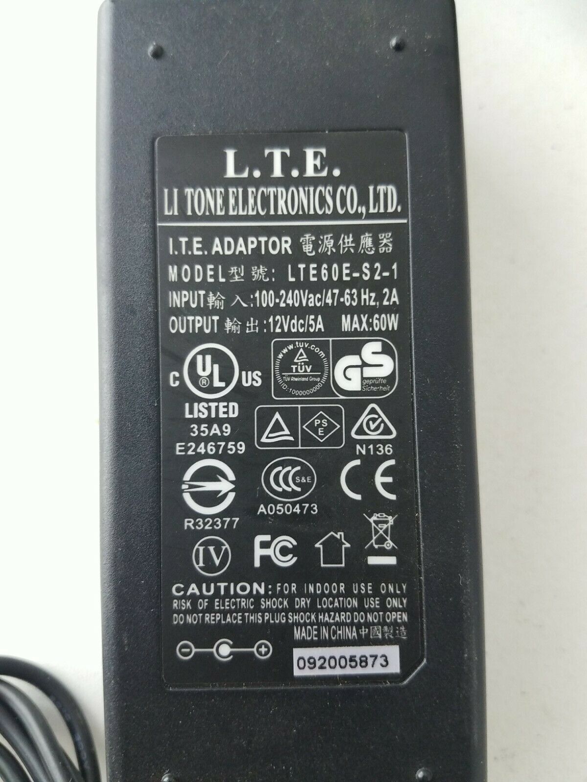 Li Tone Adaptor LTE60E-S2-1 12V DC 5 A Power Supply Type: AC/DC Adapter Features: new Location: TMP99026 Output Vo