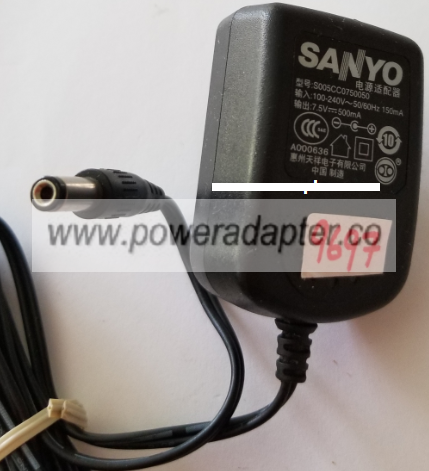 SANYO S005CC0750050 AC ADAPTER 7.5VDC 500mA USED -(+) 2x5.5x12mm