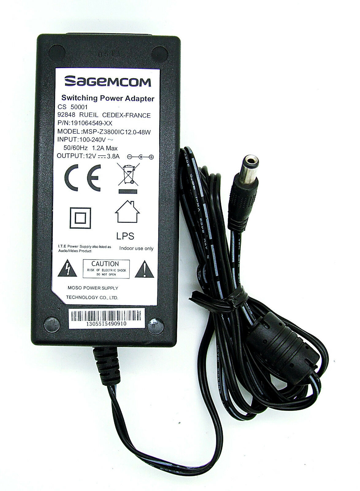 Original Alimentateur Sagemcom Power Adapter MSP-Z3800IC12.0-48W 12V 3,8A Noir Numéro de pièce fabricant: MSP-Z3800IC