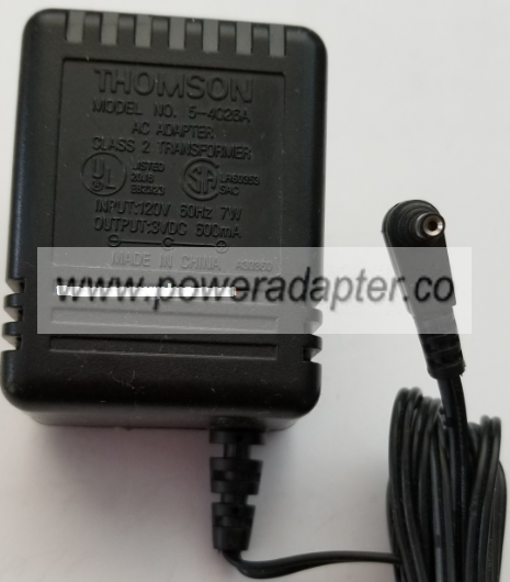 THOMSON 5-4026A AC ADAPTER 3VDC 600mA USED -(+) 1.1x3.5x7mm