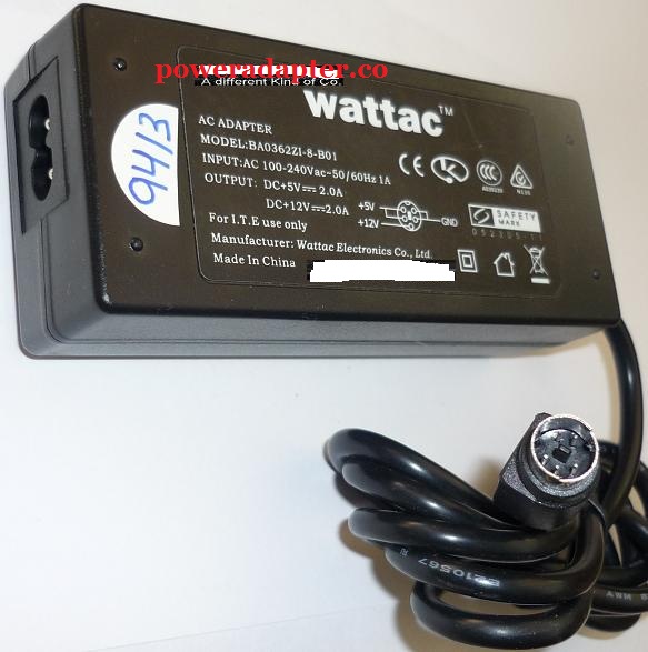 WATTAC BA0362Z1-8-B01 AC ADAPTER 5V 12VDC 2A USED 5PIN MINI DIN