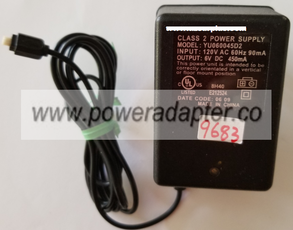 YU060045D2 AC ADAPTER 6VDC 450mA USED PLUG IN CLASS 2 POWER
