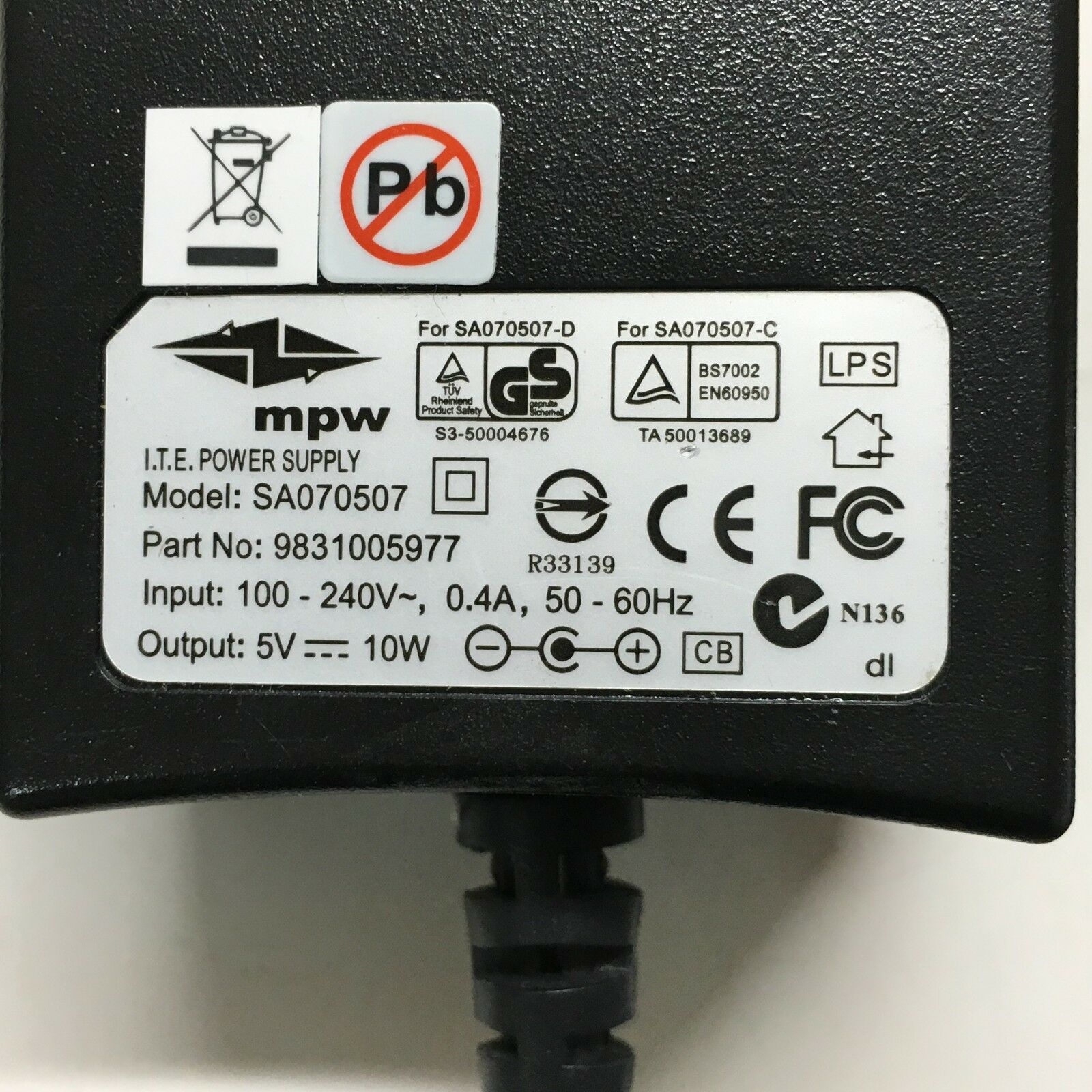 MPW 9831005977 AC Adapter Power Supply For Linksys Router SA070507 5 volt 10w part no:9831005977 Brand: MPW MPN: SY