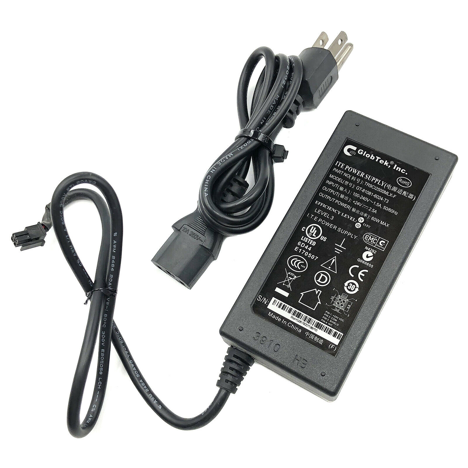 Genuine Globtek GT-81081-6024-T3 AC Adapter 24V Power Supply ATX 4 Pin w/PC OEM Color: Black Brand: Globtek Cable Le