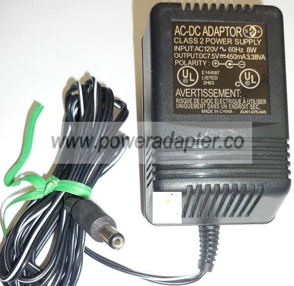 AU41-075-045 AC ADAPTER 7.5VDC 450mA 3.38VA USED +(-) 1.8x5.5mm