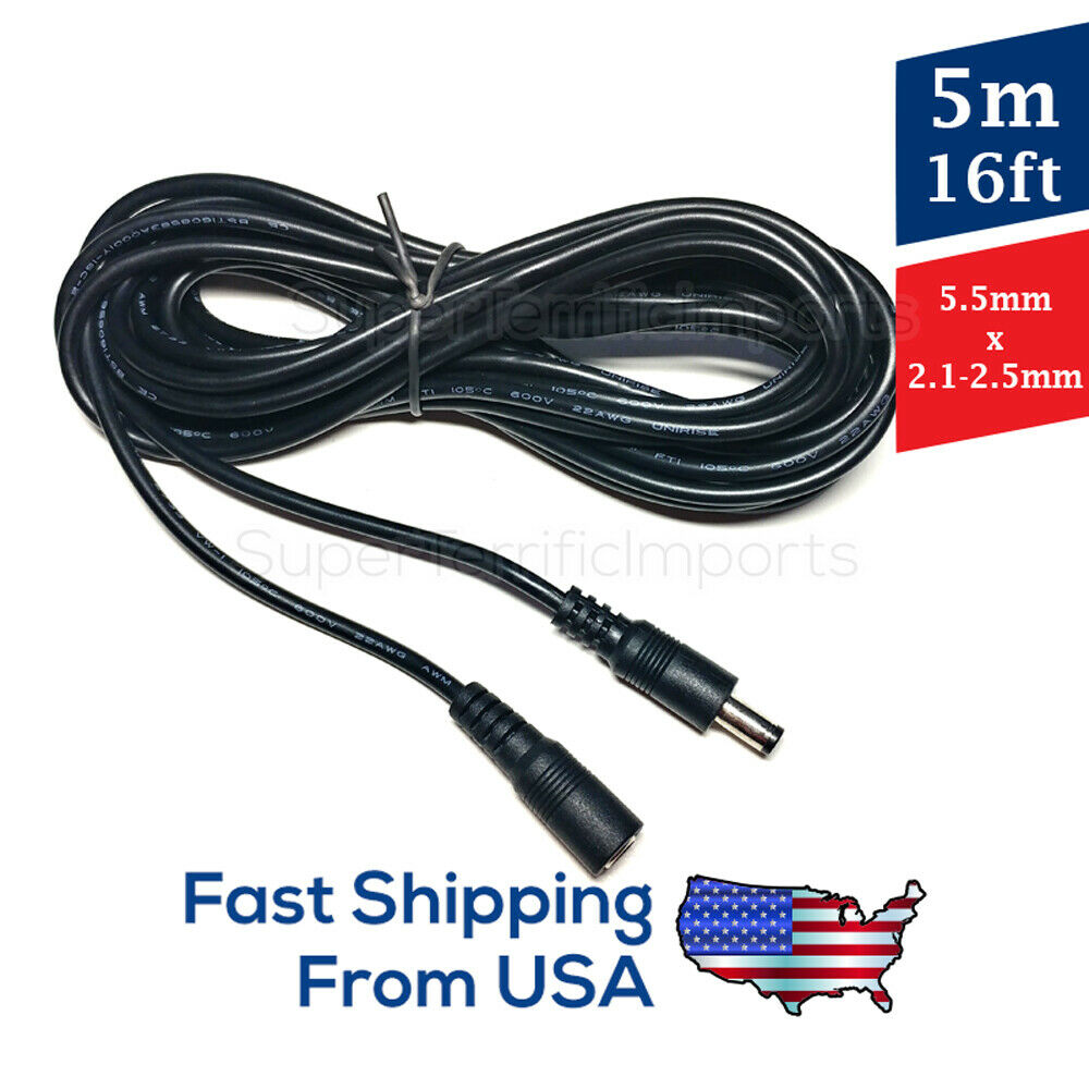 5M/16ft 12V DC Power Extension Cable Cord 5.5x2.1mm for CCTV Camera DVR Black Connector B: 2.1mm x 5.5mm f