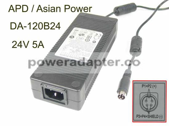 APD 24V 5A Asian Power Devices DA-120B24 AC Adapter 4P P1,4=V+, C14, New