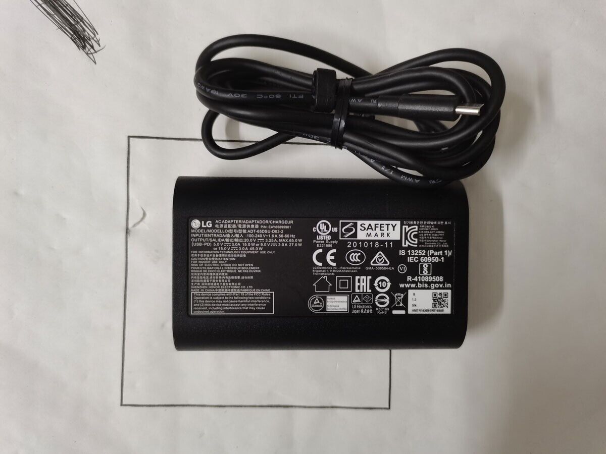 Original LG gram 17Z90P-K.AAB9U1 ADT-65DSU-D03-2 EAY65895901 USB-C AC/DC Adapter Compatible Brand For LG Color Black Ou