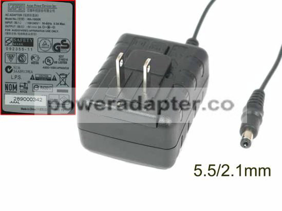 APD 5V 2A Asian Power Devices WA-10105R AC Adapter 5.5/2.1mm, US 2P Plug, New