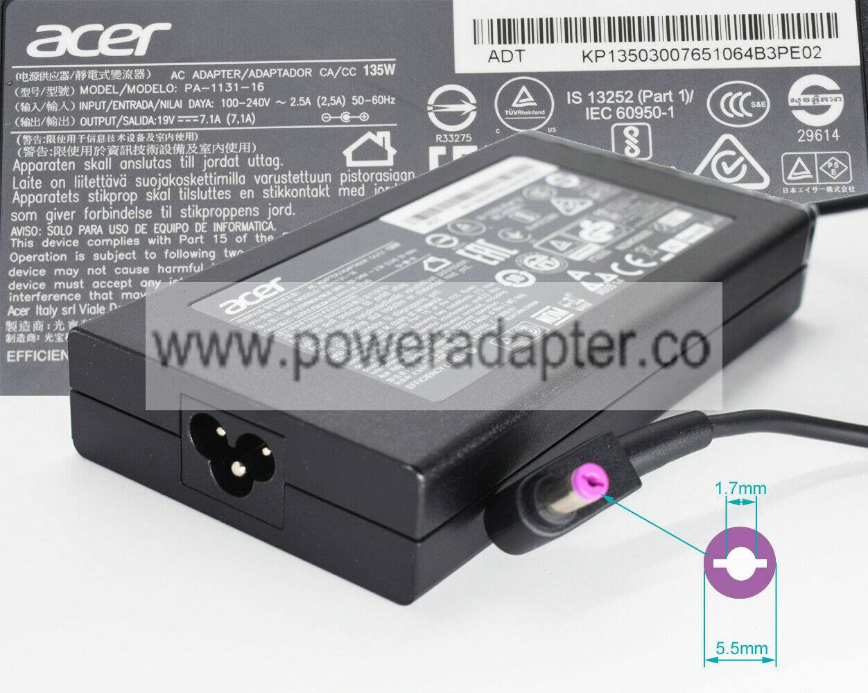 1pc Genuine Acer 19V 7.1A 135W 5.5x1.7mm AC/DC Power Charger Adapter PA-1131-16 1pc Genuine Acer 19V 7.1A 135W 5.5x1.7