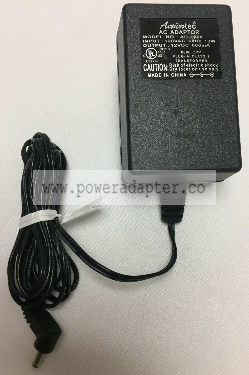 Actiontec AC Adapter Model NO: AD-1260 Plug-In Class 2 Transformer Output Voltage(s): 12V, 12VDC 600mA Type: AC/Stan