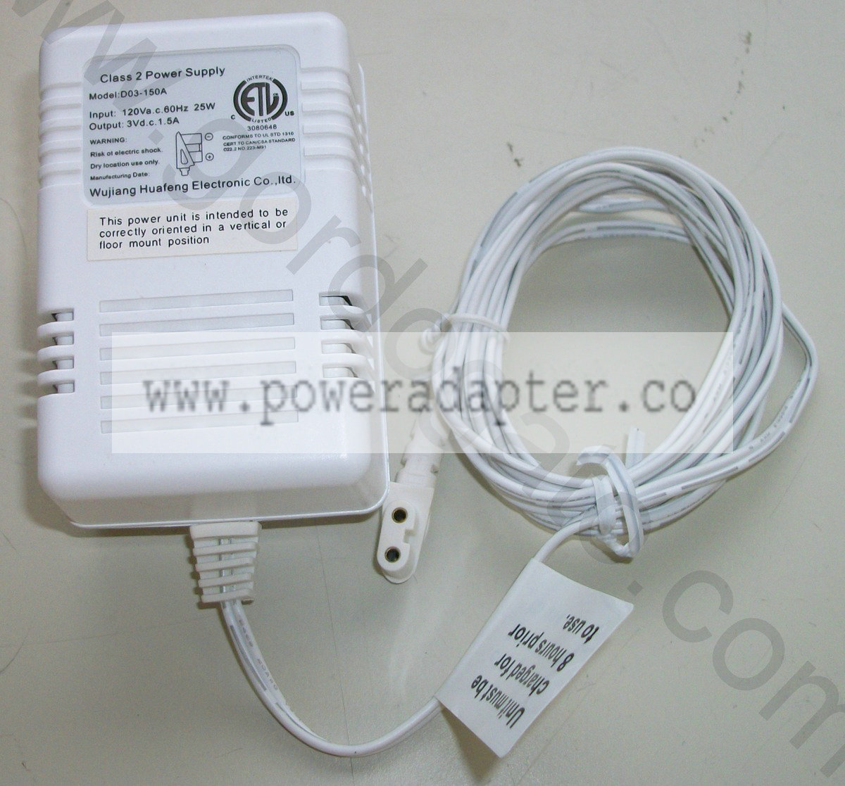 Wujiang Huafeng D03-150A 3VDC, 1.5A AC Adapter [D03-150A] This item is now located here. Input: 120VAC 60Hz 25W Output
