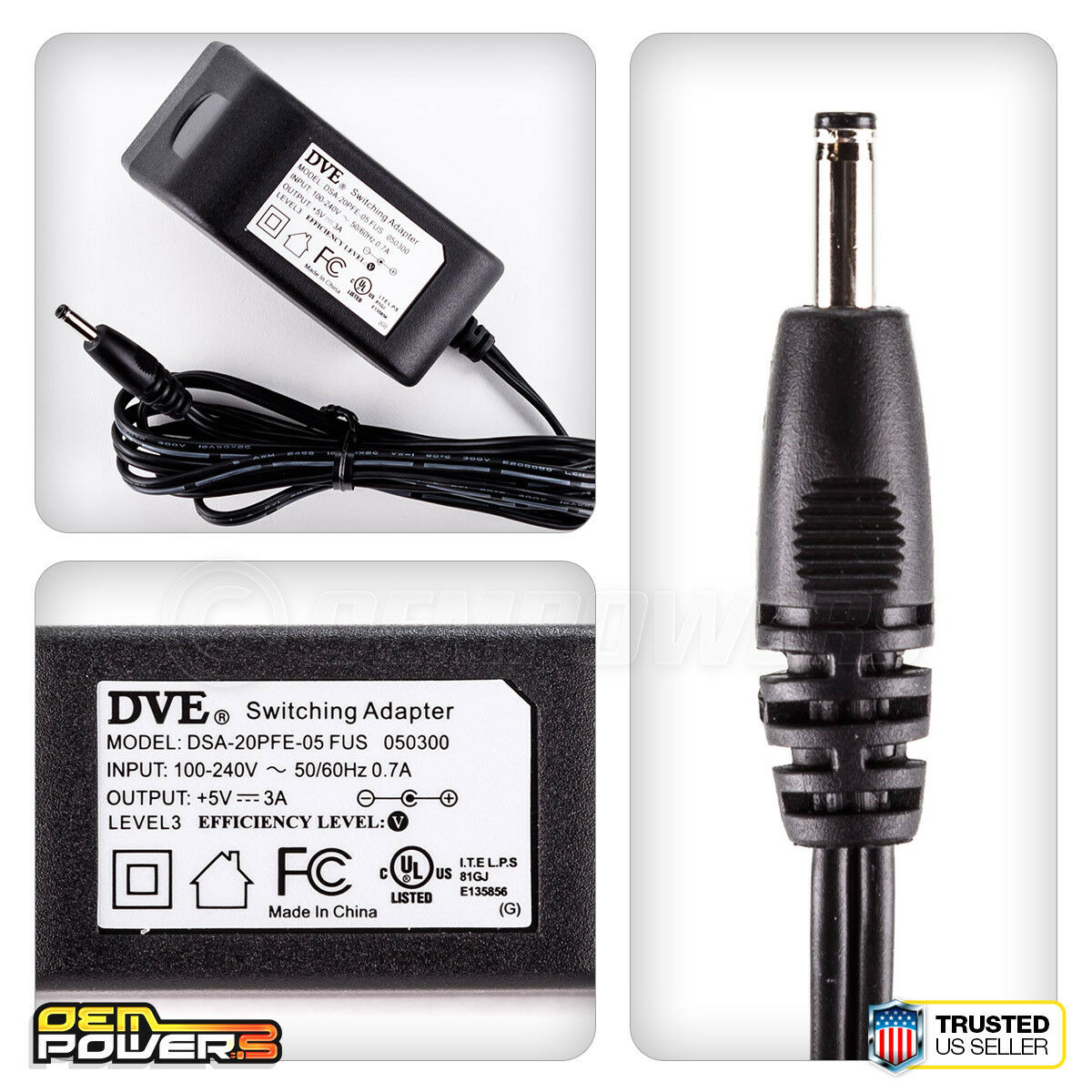NEW GENUINE DVE DSA-20PFE-05 FUS 050300 5V 3A Switching AC Power Adapter Charger Brand: DVE Output Voltage: 5 V Ty