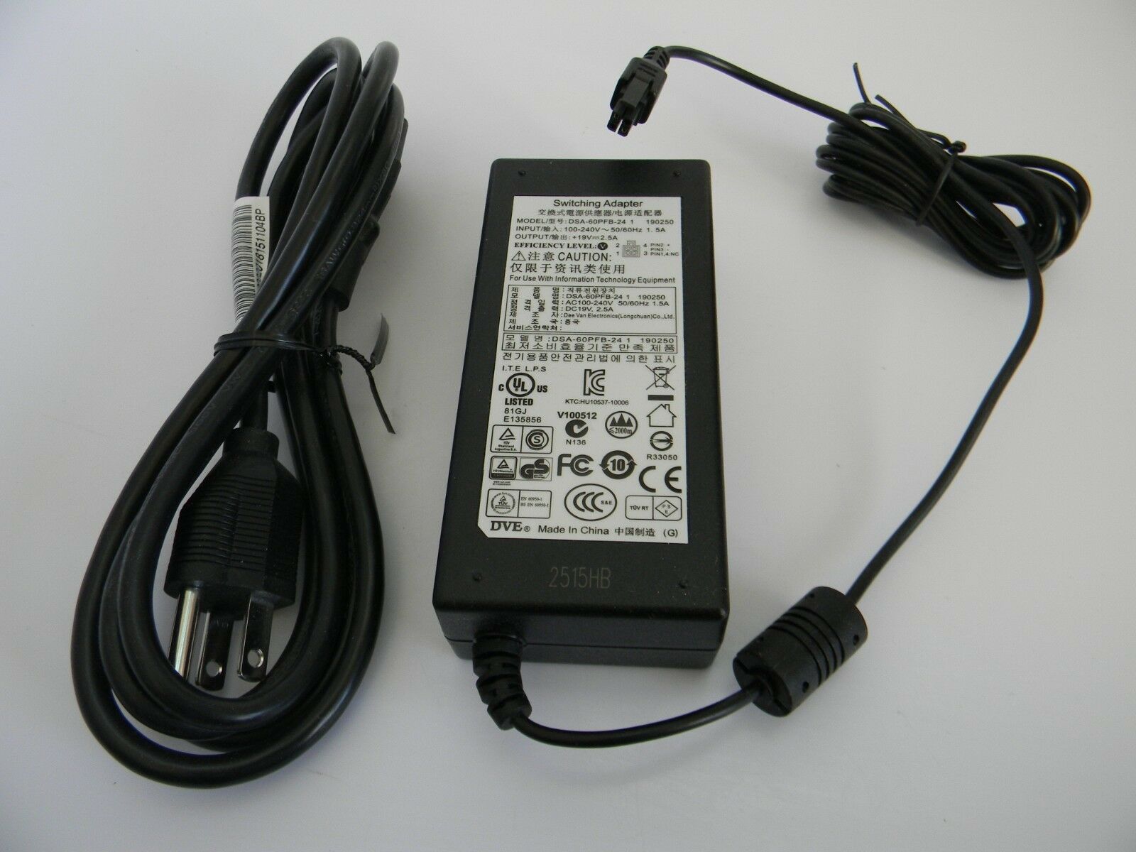 New DVE Switching Adapter DSA-60PFB-24 1 190250 DC Output 19V, 2.5A w / Cord Model: DSA – 60PFB – 24 1 240250 Type: