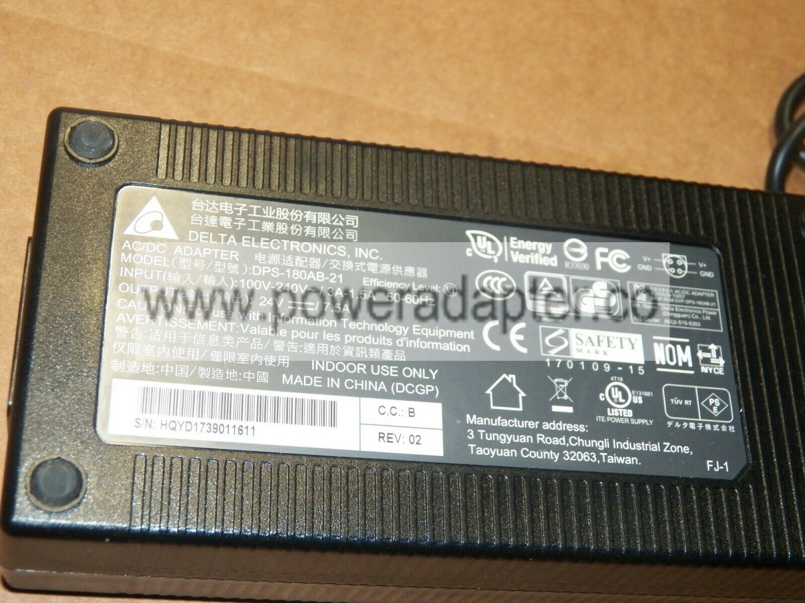 Delta Electronics DPS-180AB-21 24V 7.5A Power AC Adapter Max. Output Power: 180 W MPN: DPS-180AB-21 Output Voltage(s