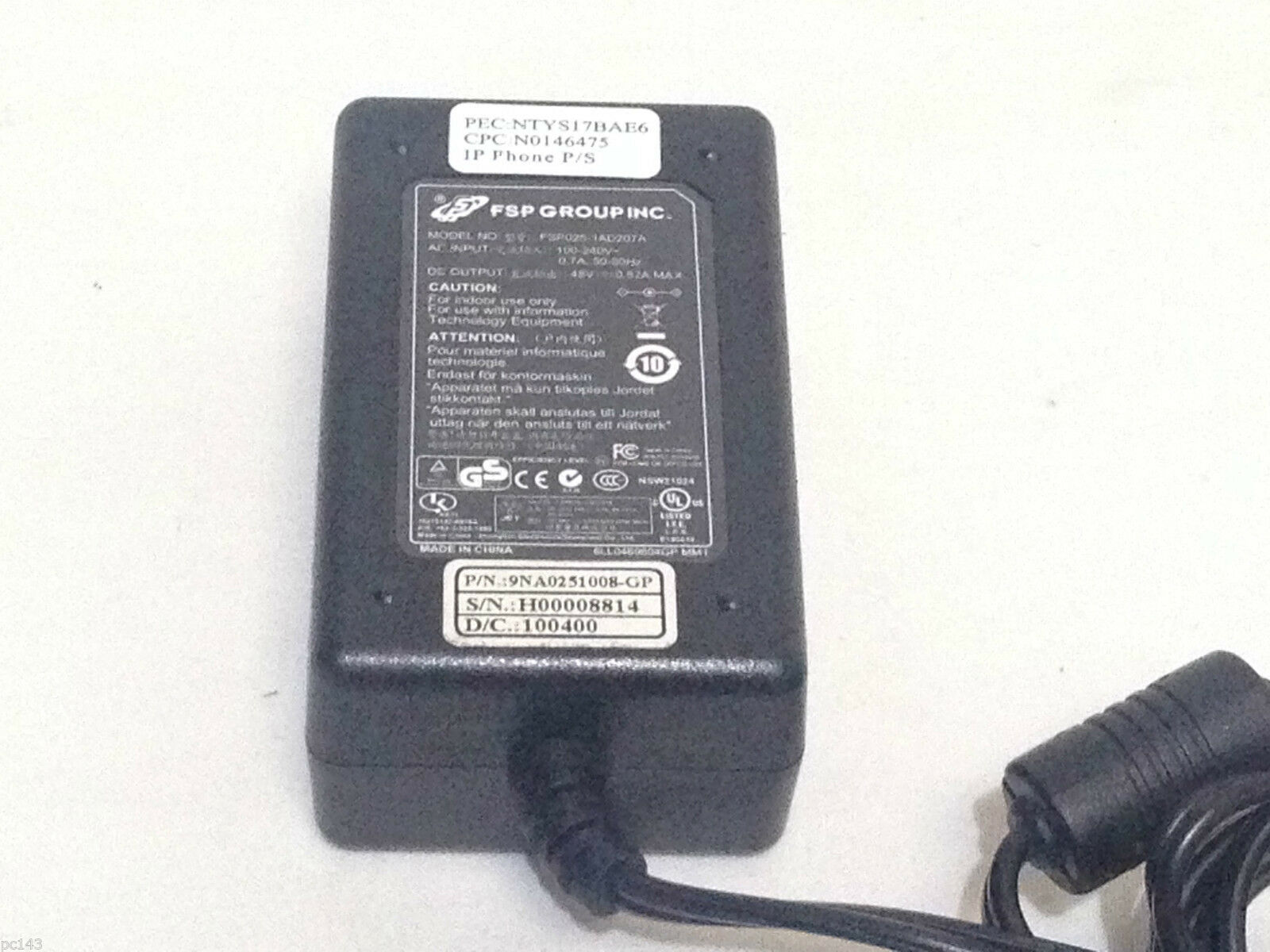 FSP025-1AD207A FSP GROUP INC 48V - 0.52A AC POWER SUPPLY ADAPTER | REF: T507 Brand: FSP Output Current: 0.52A Type: