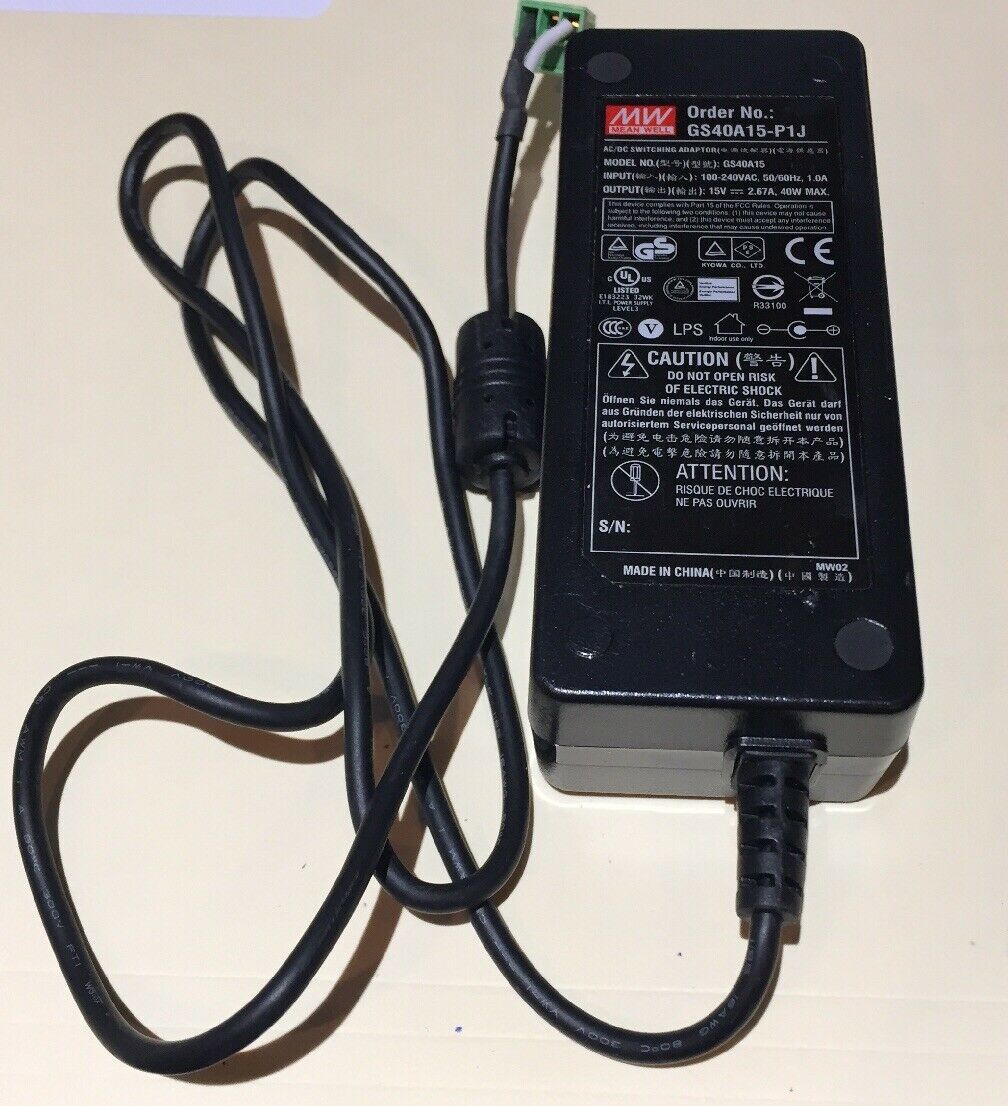 Mean Well GS40A15-P1Jb Power Supply AC/DC 14V, 2.67A Maximum Voltage Output: 15 V Maximum Current Output: 1 A MPN: