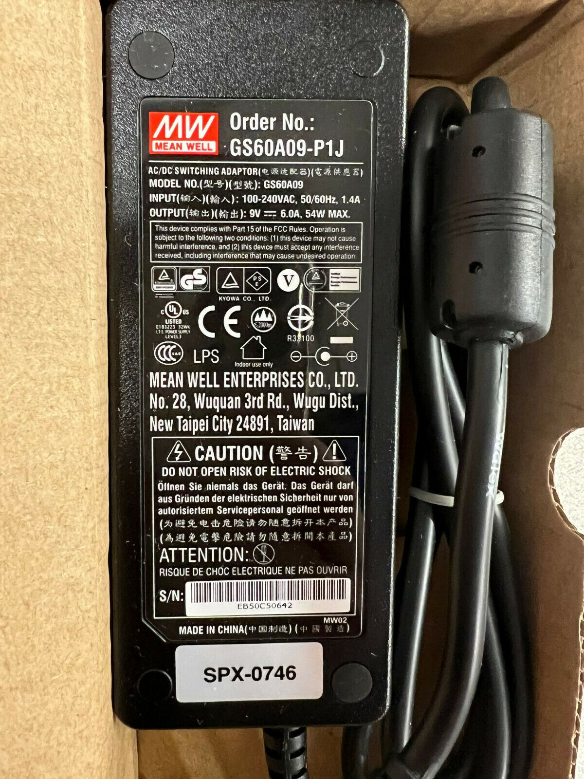 Original MW Mean Well GS60A09-P1J 9V 6A 54W AC Adapter Power Supply Cord Charger Technical Specifications: 1 AC input v