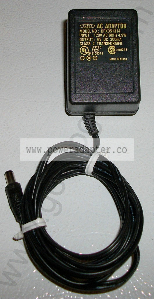 H DPX351314 AC Adapter 6V DC, 300mA [DPX351314] Input: 120VAC 60Hz 4.9W Output: 6.0VDC 300mA Model DPX351314 - This