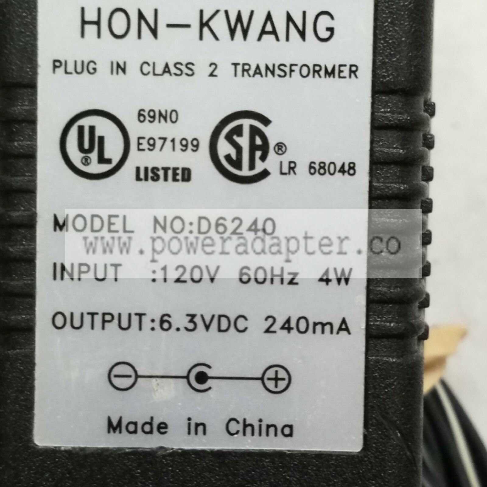 Hon-Kwang D6240 AC Adapter Transformer 6.3VDC 240mA Brand: Hon-Kwang MPN: D6240 Model: D6240 Output Voltage: 6.3V