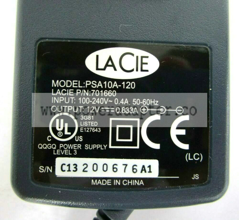LaCie AC Adapter Power Supply Charger 12V 0.833A Model: PSA10A-120 for Disk & Ha Output Voltage(s): 12 V Brand: LaCi