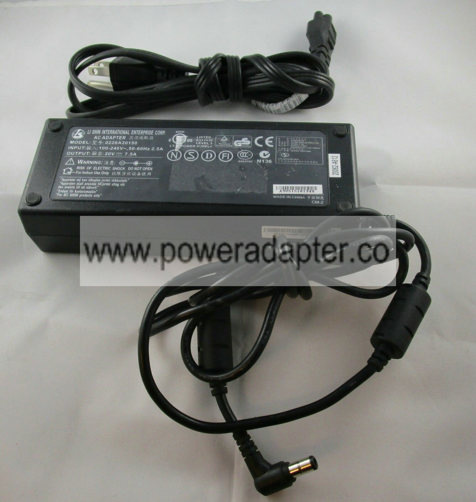 LiShin 20V 7.5A 150W AC Power Adapter 0226A20150 Bundled Items: Power Cable MPN: 0226A20150 Max. Output Power: 150 W