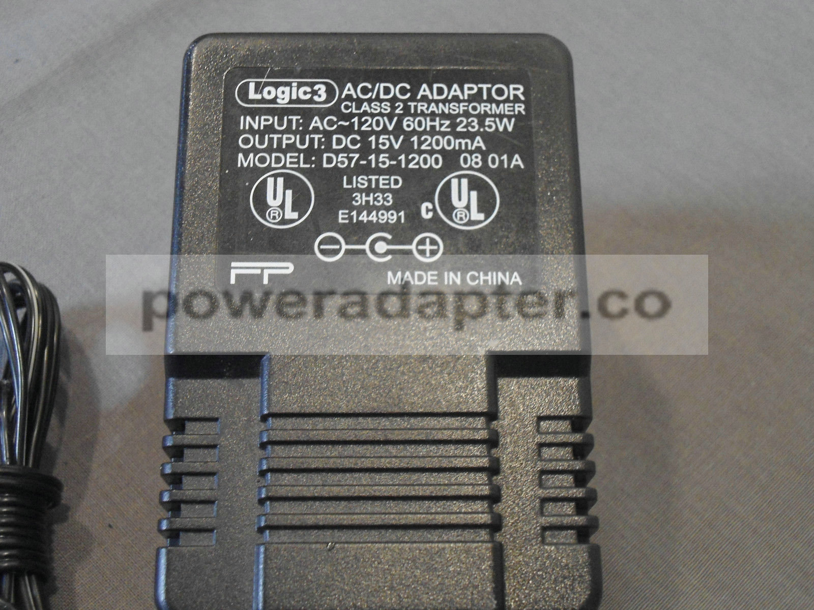 Logic3 AC/DC Adapter (D57-15-1200) 15V 1200mA Class 2 Transformer output: dc 15V 1200mA MPN: D57-15-1200 Model: D57
