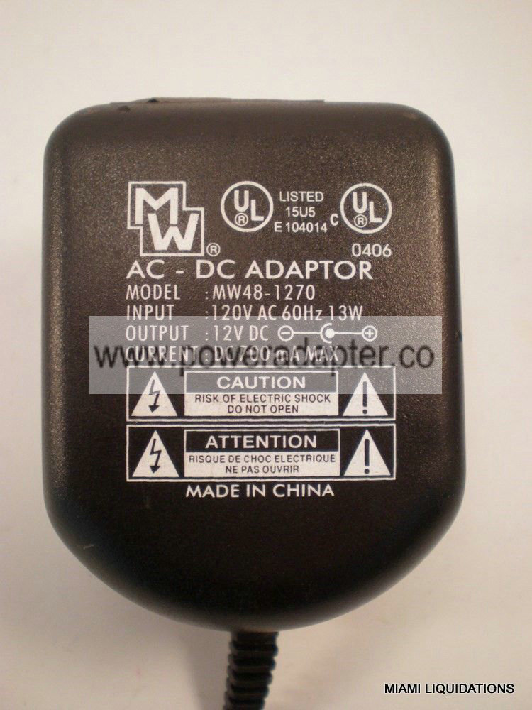 MW AC-DC Adapter Input 120V AC 60Hz 13W Output 12V DC 700 mA MAX Transformer MW AC-DC Adapter Input 120V AC 60Hz 13W