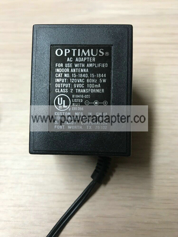 Optimus 15-1840 AC Power Supply Adapter Charger 9V 100mA F5 Optimus 15-1840 AC Power Supply Adapter Charger 9V 100mA