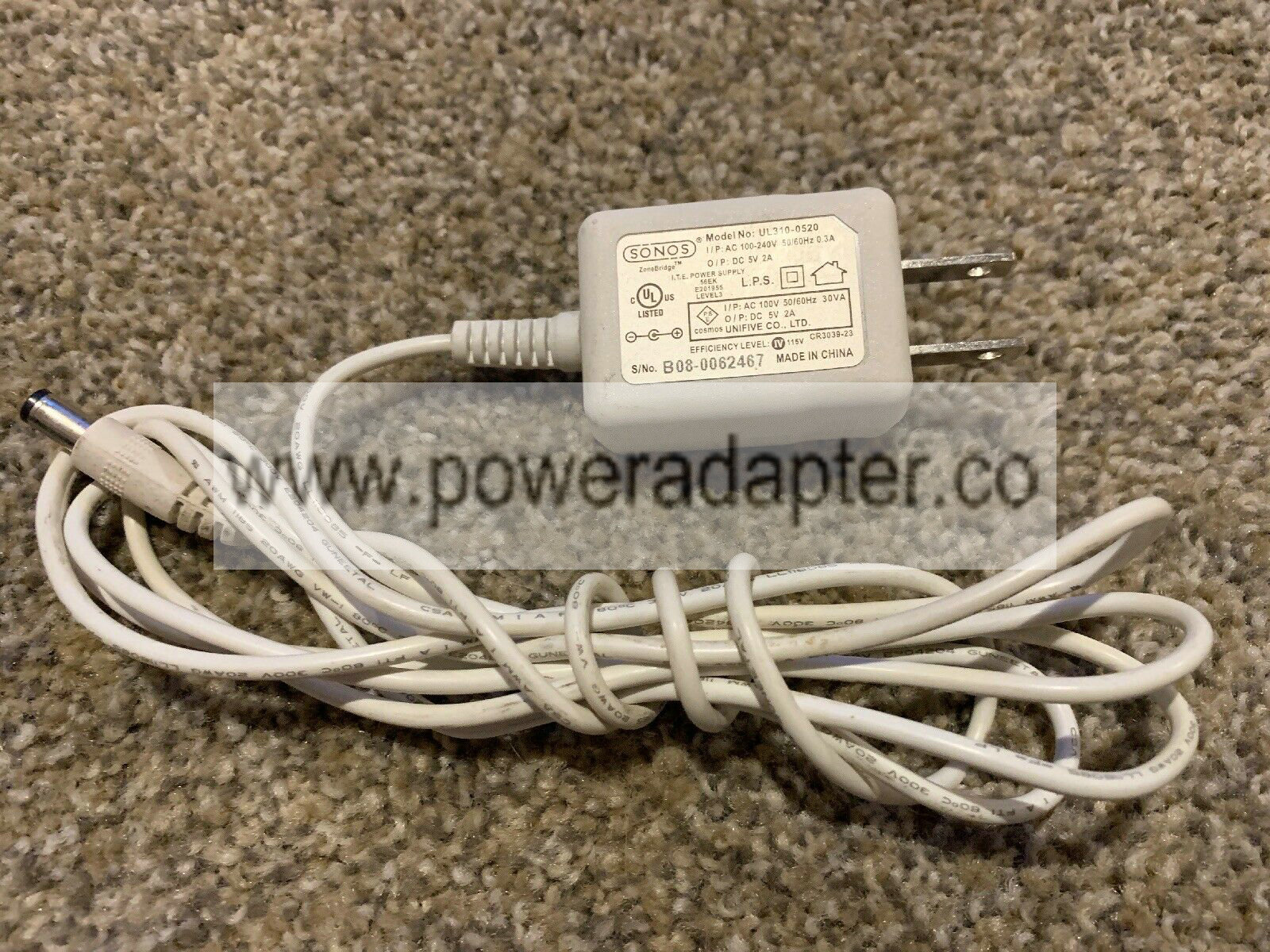 SONOS UL310-0520 POWER SUPPLY 6ft. CABLE ADAPTER 5V AC SONOS UL310-0520 POWER SUPPLY 6ft. CABLE ADAPTER 5V AC. Condit