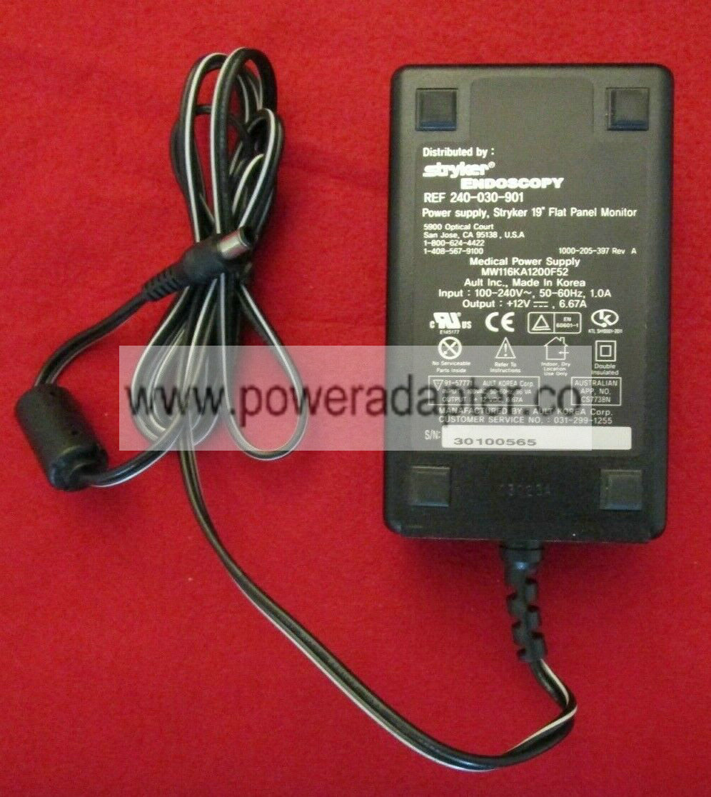 Strykervision 1 Flat Panel Monitor AC Power Adapter 240-030-900 MW116KA1200F52 Bundled Items: Power Cable Output Volt